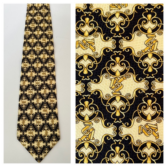 Versace Classic V2 Gold and Black Printed Silk Tie Made in Italy - Picture 1 of 9